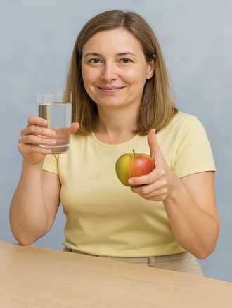 Frau mit Wasser und Apfel – gesund abnehmen mit Hypnose